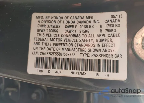 2013 Honda Civic Lx z USA, uszkodzony, nr VIN 2HGFB2F55DH557752